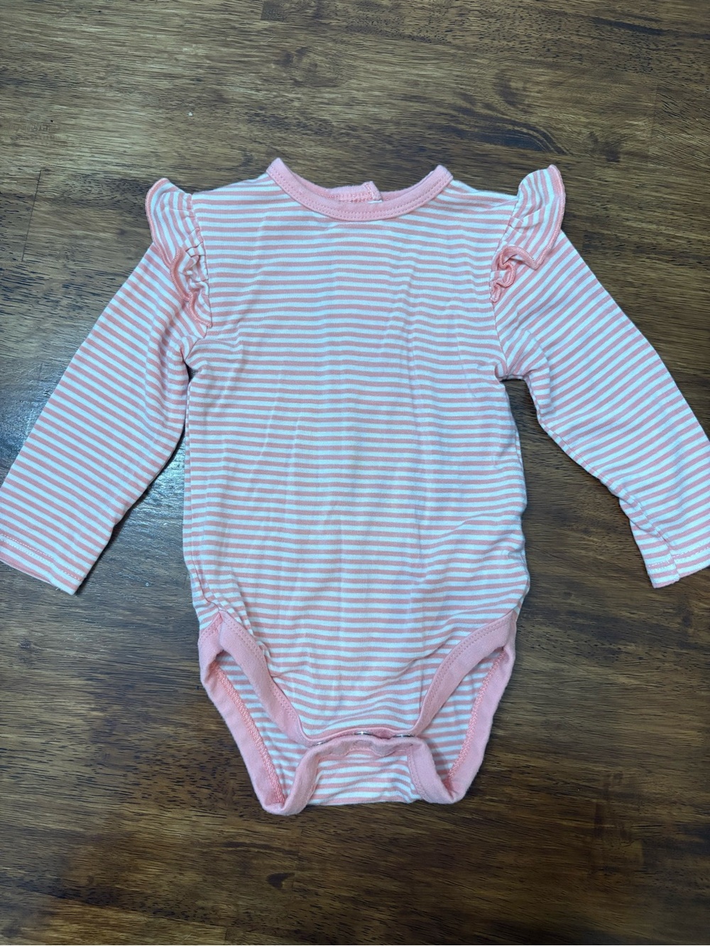 Little Me Coral and White Striped Long-Sleeve Ruffle Shoulder One-Piece